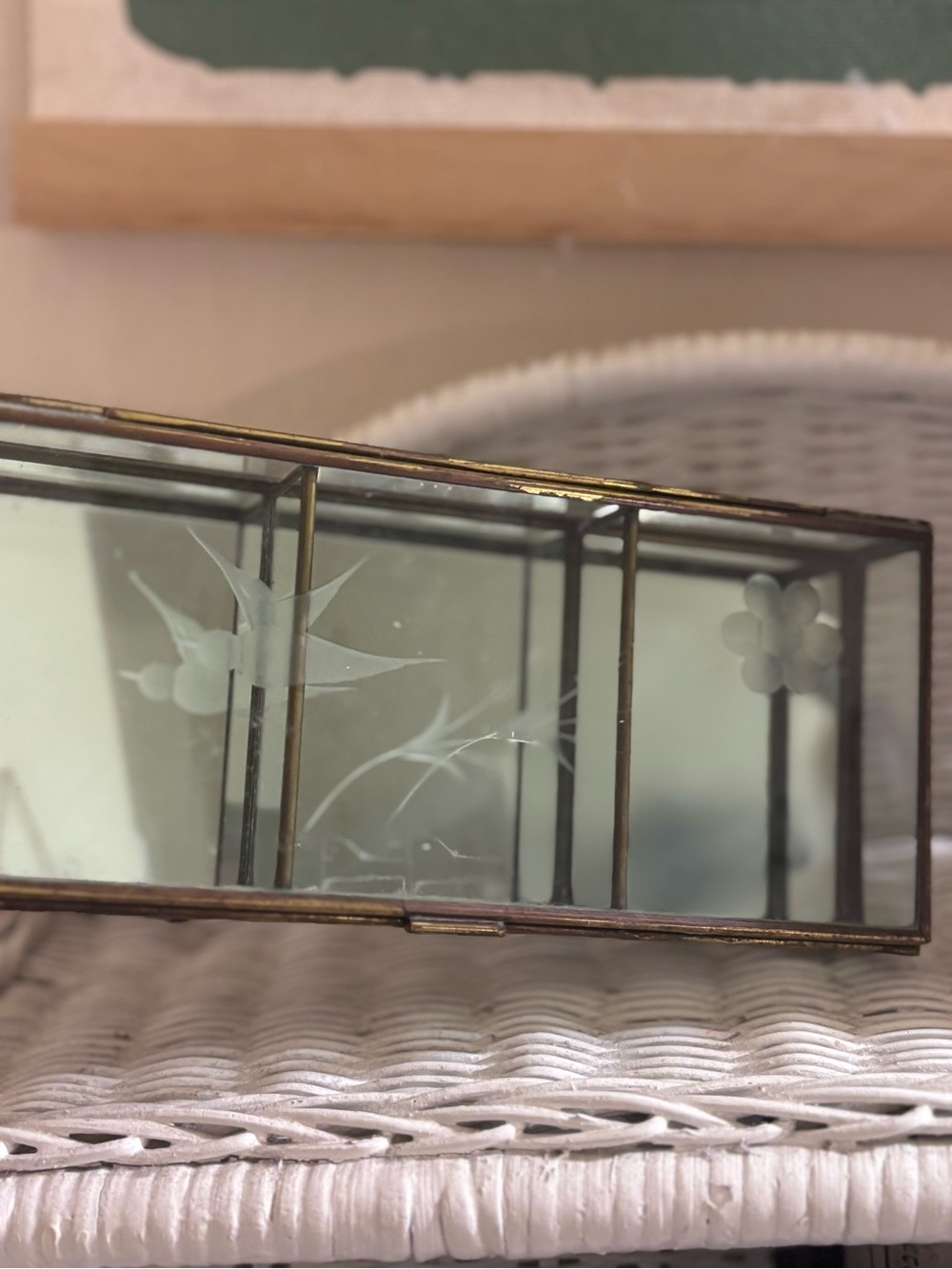 Vintage Brass and Etched Glass Decorative Trinket Box - Brass Finish